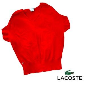 ❤️ Lacoste 100% Merino Wool Sweater Top Red Batwing V-Neck Cropped Knit Small